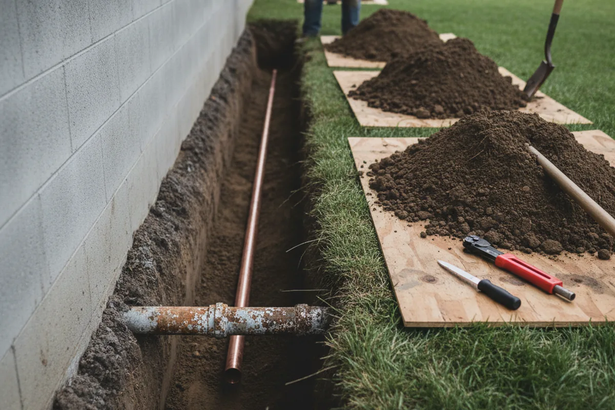 Excavated water line trench during Water Softener Installation in Ward